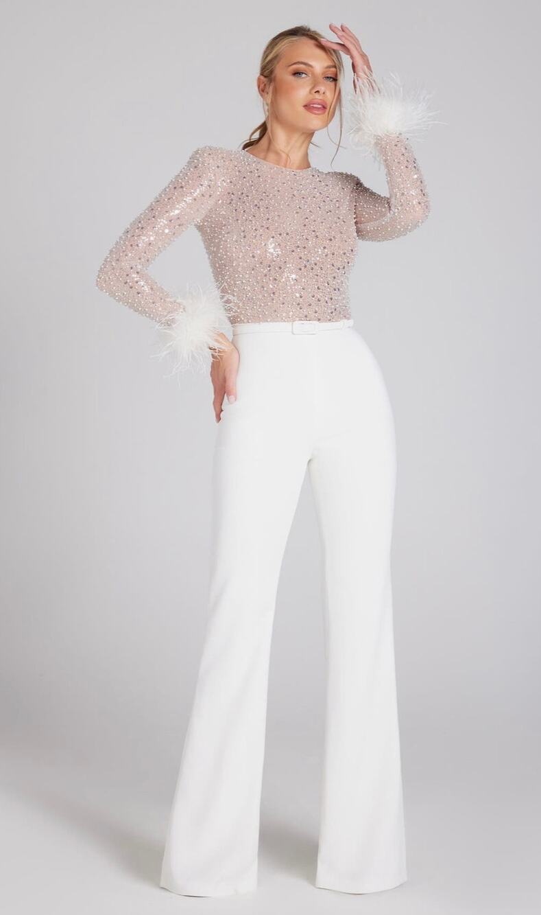 NADINE MERABI Amelia White Sequin Flare Leg Jumpsuit size 8